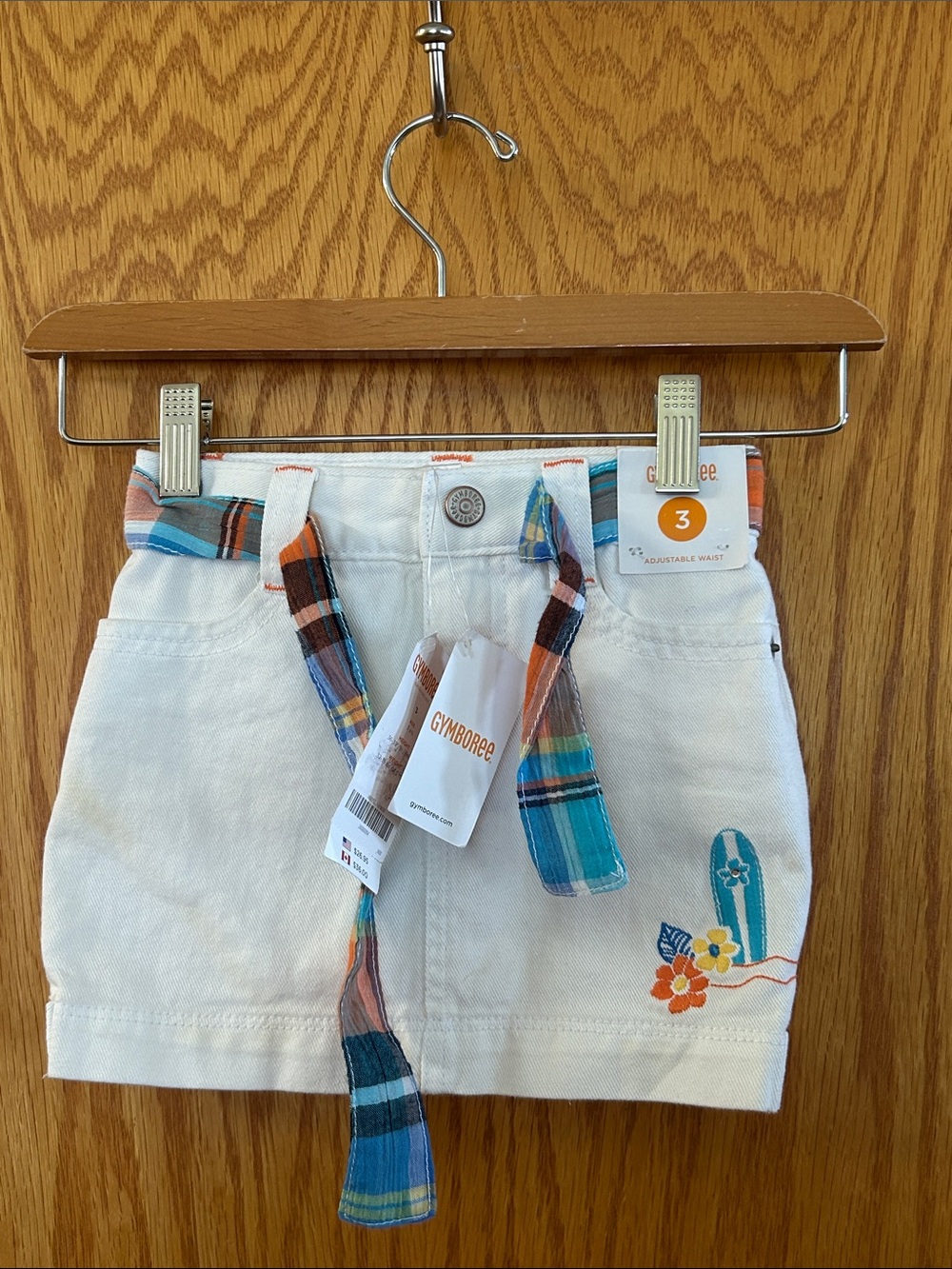 Gymboree White Skirt Skort with Plaid Belt and Surfboard Embroidery Sz 3 NWT